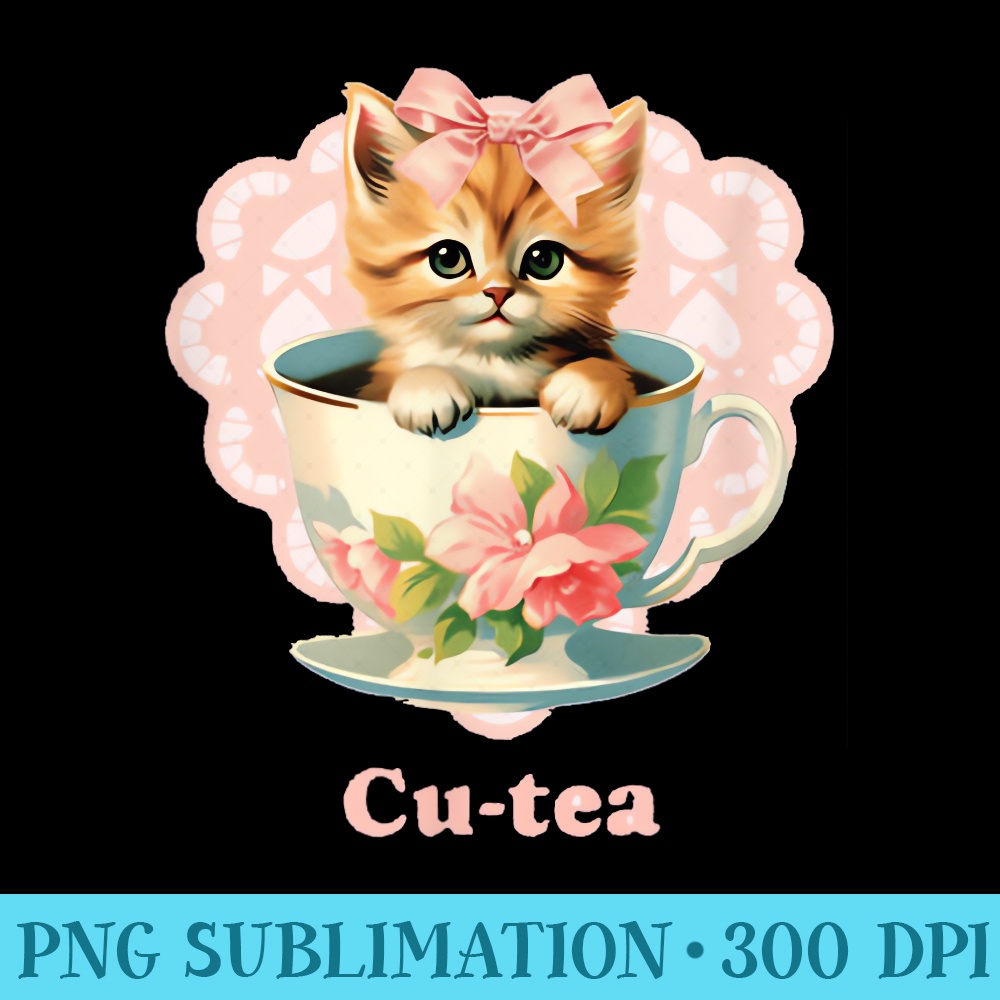 Cute Kitten Kawaii Cat In Tea Cup Coquette Style - Shirt Drawing PNG - Defying the Norms