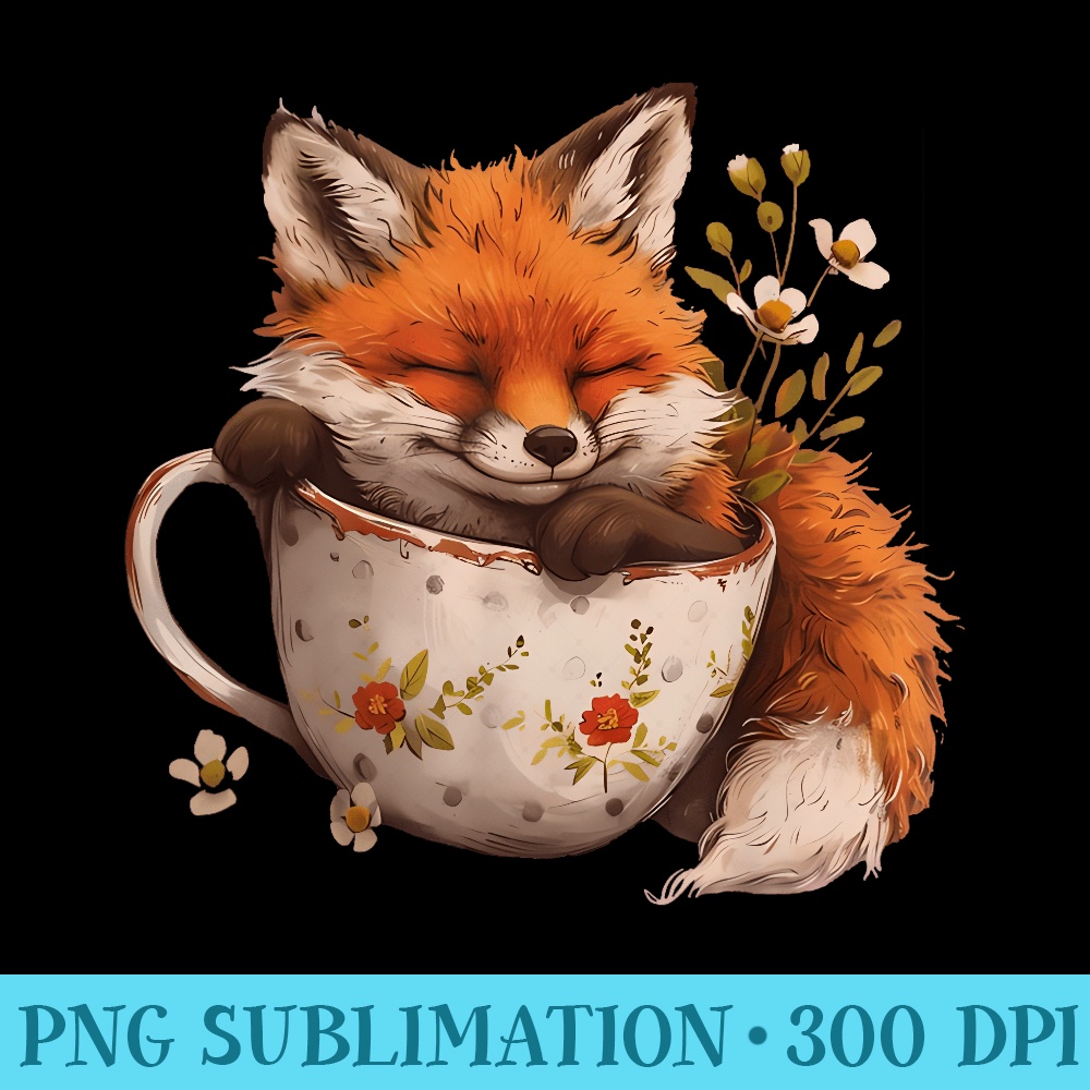 Cottagecore Floral Cute Fox Tea Cup Aesthetic Art Women Girl - PNG File Download - Limited Edition And Exclusive Designs