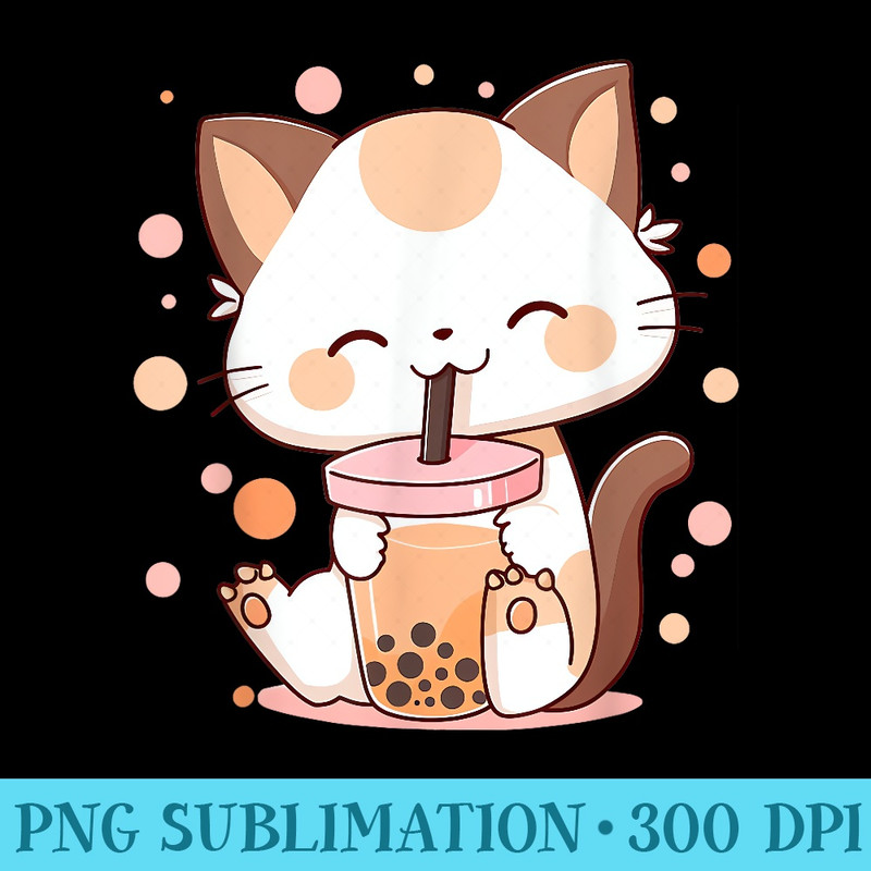 Kawaii Cat Neko Drinking Bubble Tea Boba Lover - Download Shirt PNG - Instant Access To Downloadable Files
