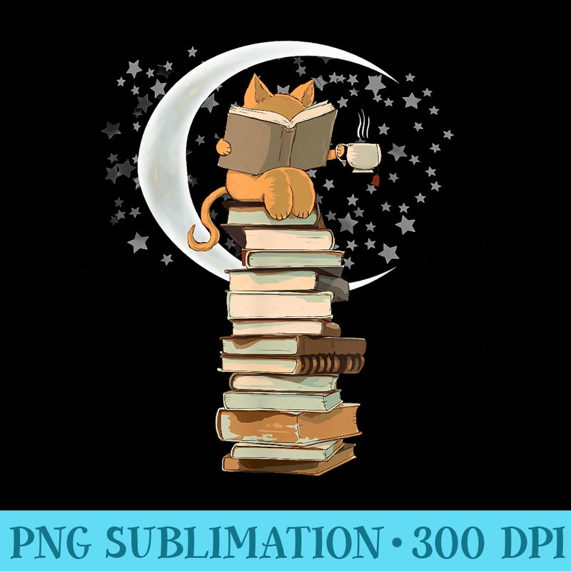 Reading by moonlight, books, coffee and cute cat - Shirt Vector Illustration - Bold & Eye-catching