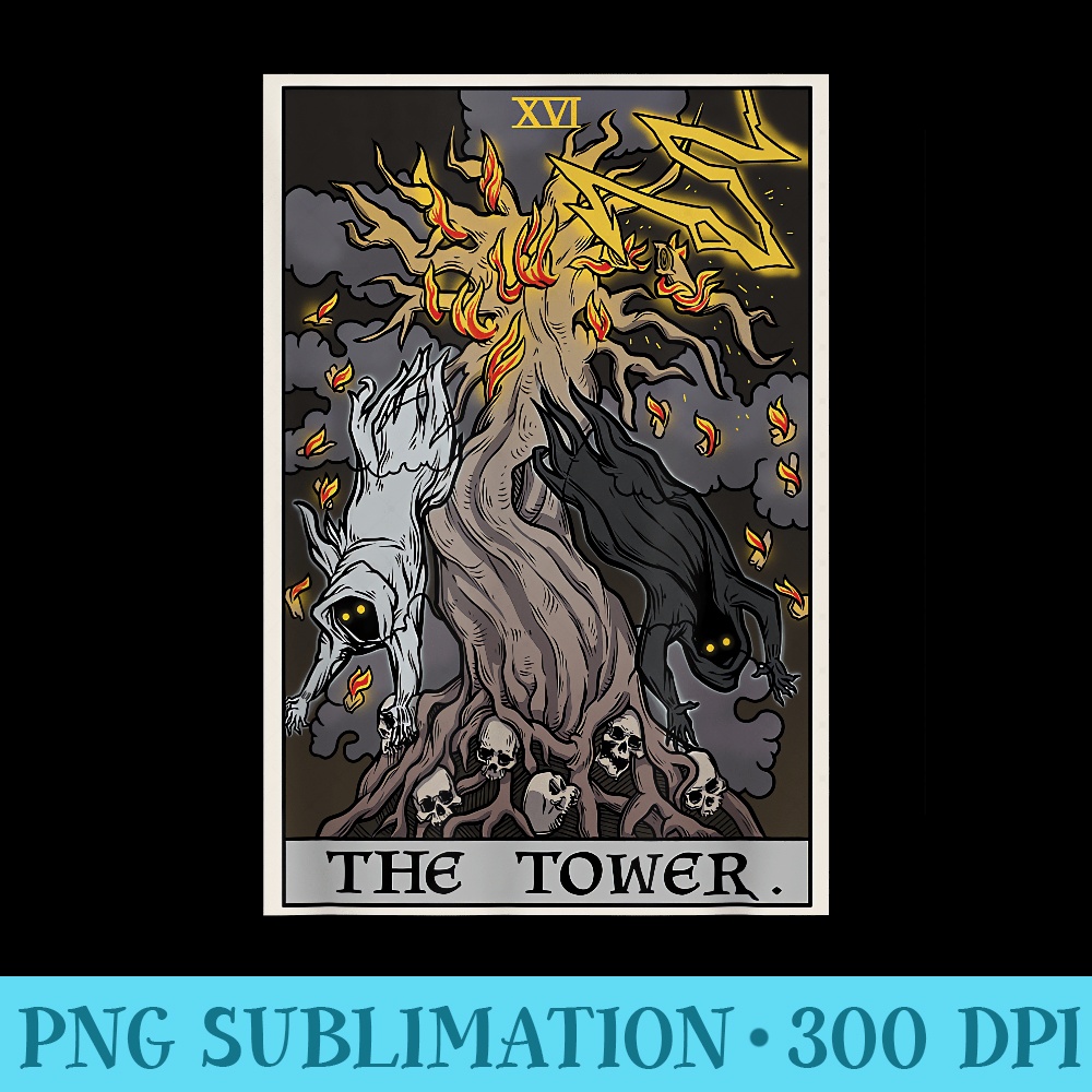 The Tower Tarot Card Halloween Tree of Life Gothic Horror - Stylish Shirt PNG - Vibrant and Eye-Catching Typography