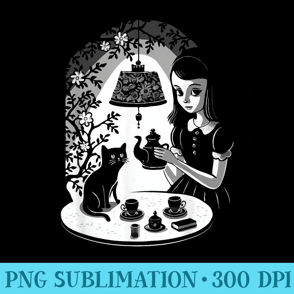Mysterious Girl Having Tea Party With Black Cat Illustration - PNG Download Resource - Stunning Sublimation Graphics
