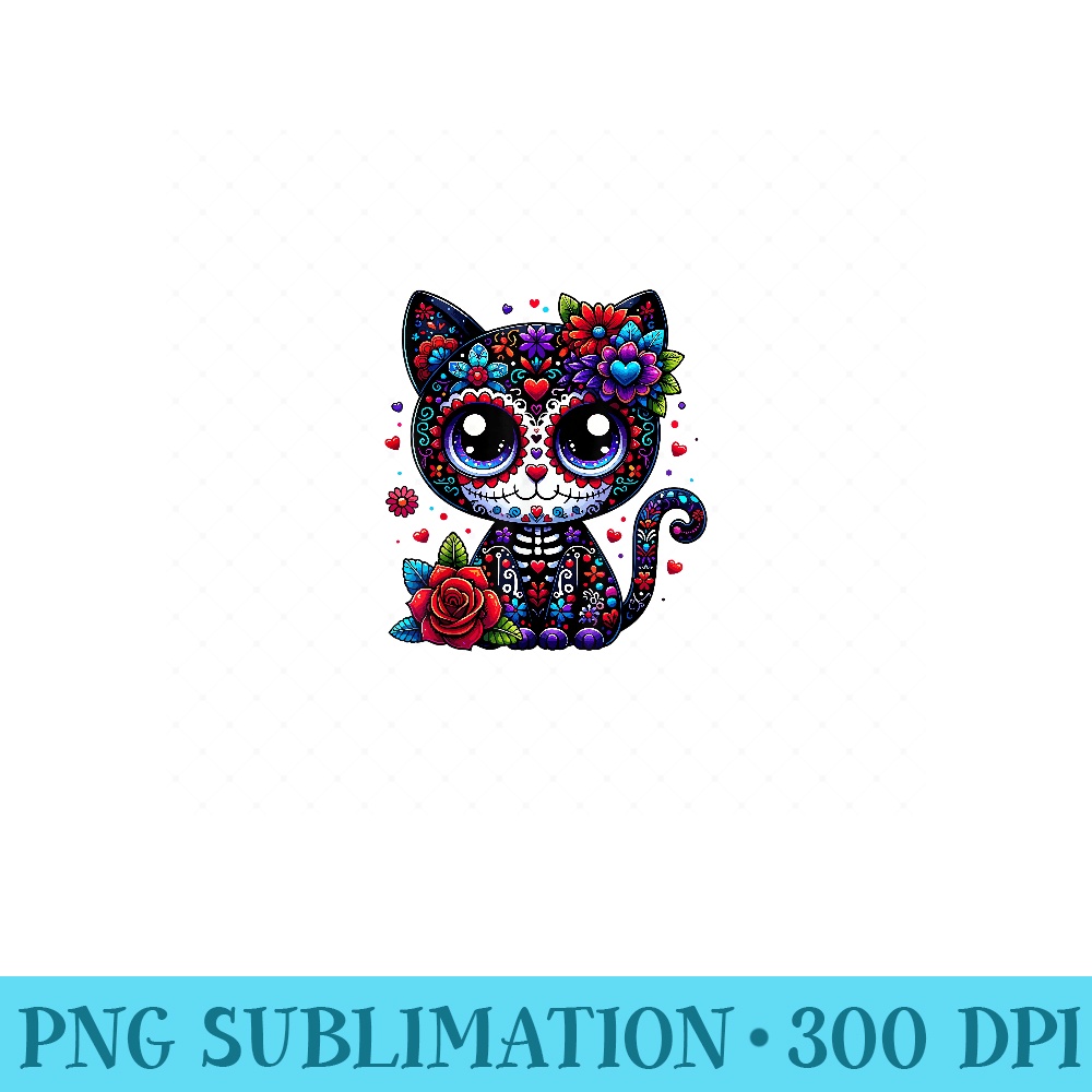 Dia De Los Muertos Cinco De Mayo Cat Sugar Skull - High Quality PNG files - Enhance Your Apparel with Stunning Detail