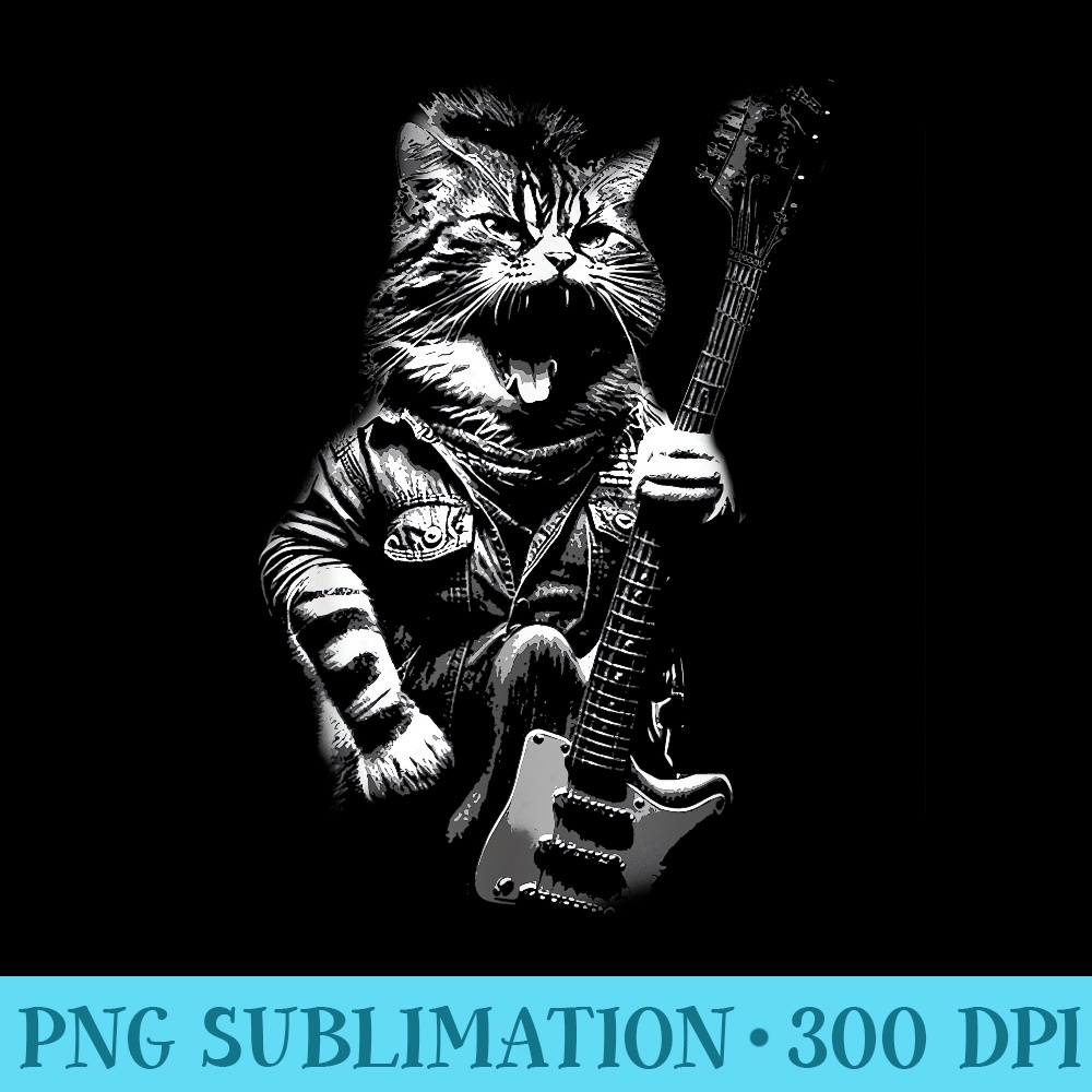 Black and White Heavy Meowtal Music Band, Cat Playing Guitar - Exclusive PNG designs - Defying the Norms