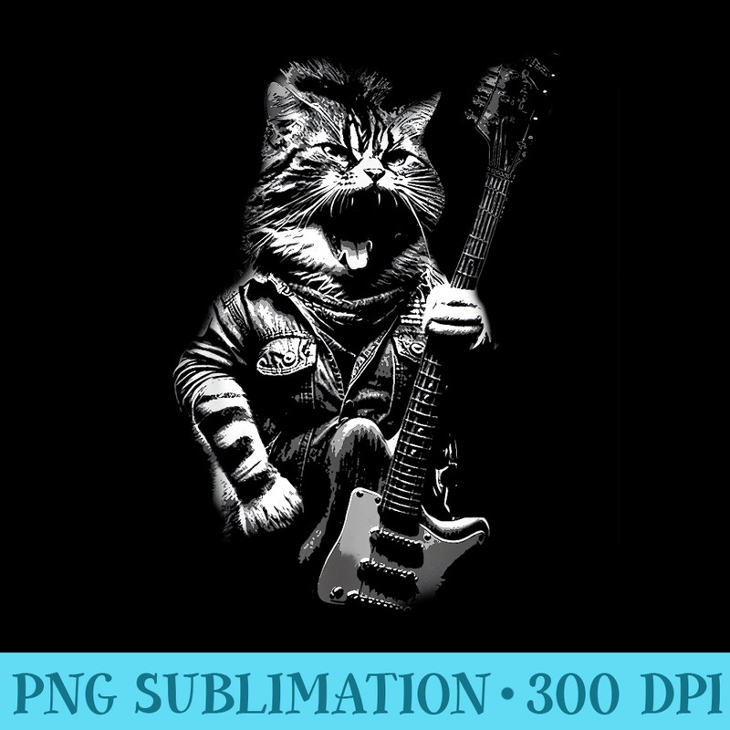Black and White Heavy Meowtal Music Band, Cat Playing Guitar - Exclusive PNG designs - Defying the Norms