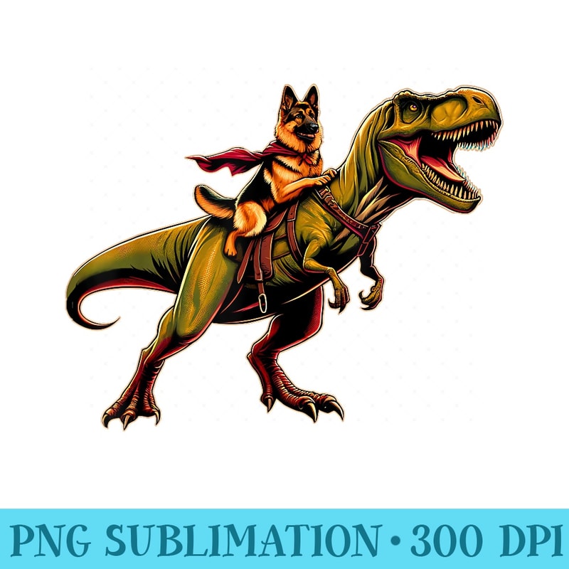 Classic Funny Dog German Shepherd Love Riding T Rex - Sublimation designs PNG - Spice Up Your Sublimation Projects