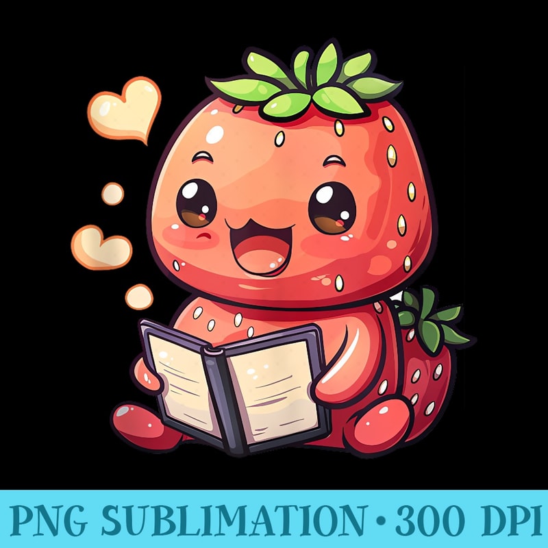 cute anime strawberry fruit reading library book kawaii art - Unique Sublimation PNG Download - Transform Your Sublimation Creations
