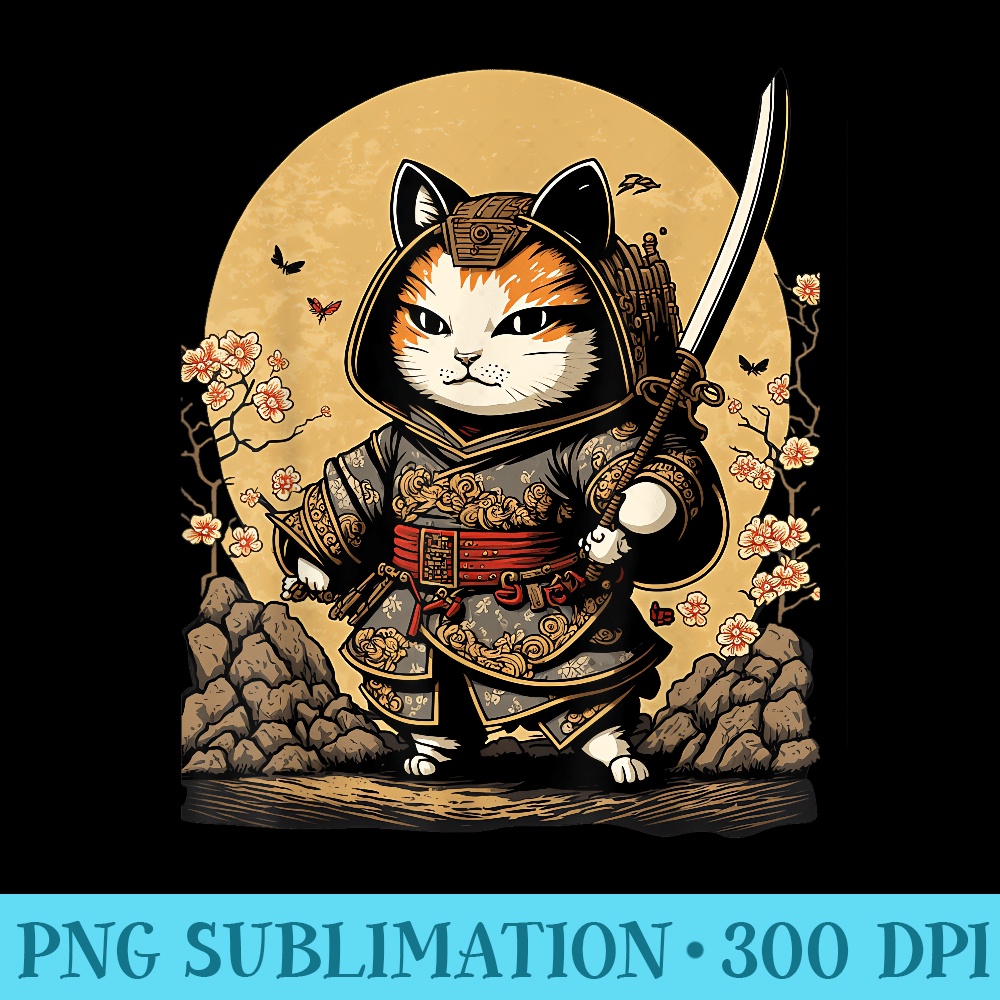 Retro Japanese Samurai Ninja Cat Kawaii Tattoo Graphic Style - Digital PNG Downloads - Defying the Norms