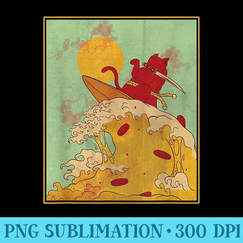 Samurai Cat Surfing on Pizza Wave Anime Japanese Red Sunset - PNG Download Source - Defying the Norms