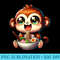 Cute Kawaii Monkey Eating Ramen Japanese Food - PNG Download Button - Capture Imagination with Every Detail