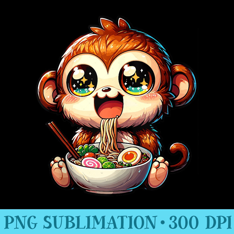 Cute Kawaii Monkey Eating Ramen Japanese Food - PNG Download Button - Capture Imagination with Every Detail