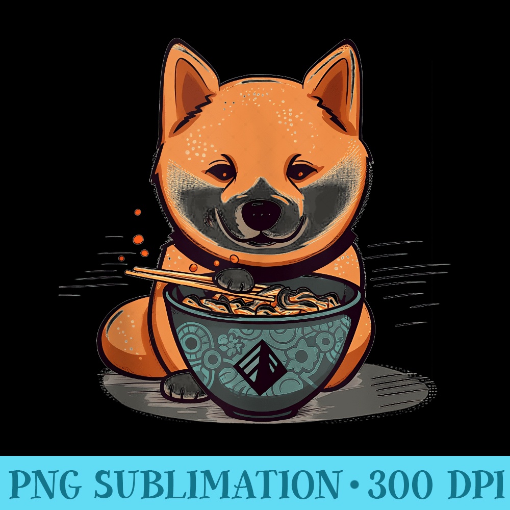 cute anime Shiba Inu dog eating a bowl of ramen noodles - Shirt Mockup Download - Boost Your Success with this Inspirational PNG Download