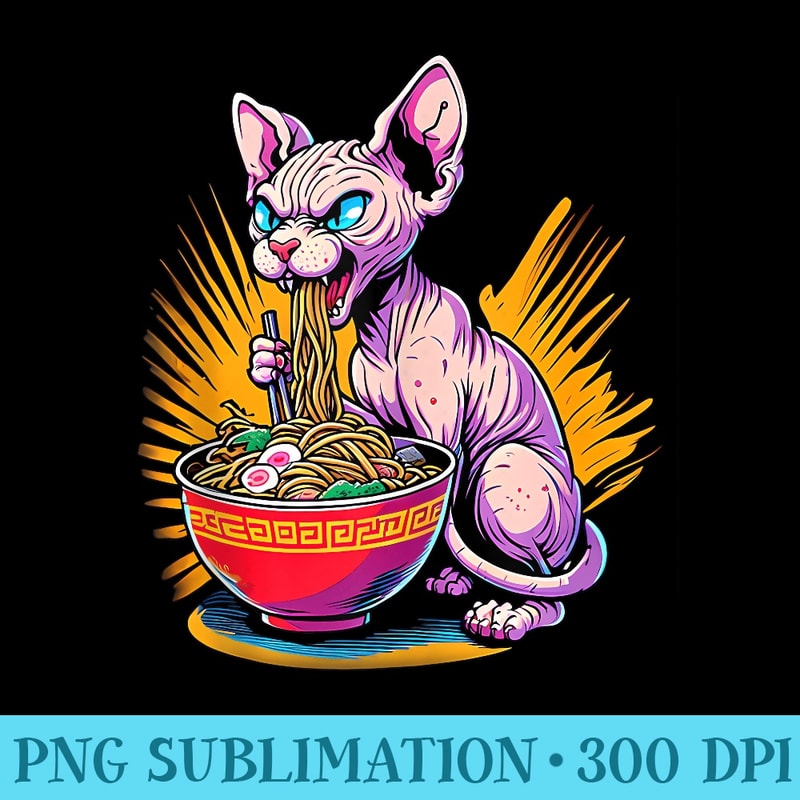 Kawaii Anime Hairless Sphinx Cat Ramen - Sublimation artwork PNG download - Perfect for Creative Projects