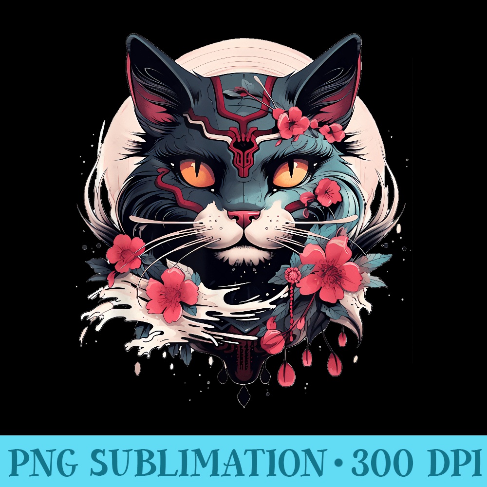 Japanese Tattoo Style Art Cute Beautiful Elegant Flower Cat - Shirt Artwork Download - Unleash Your Creativity