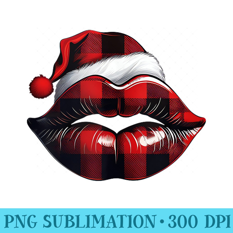Christmas Buffalo Plaid Lips Kiss With a Santa Hat - Shirt Template Transparent - Quick And Seamless Download Process