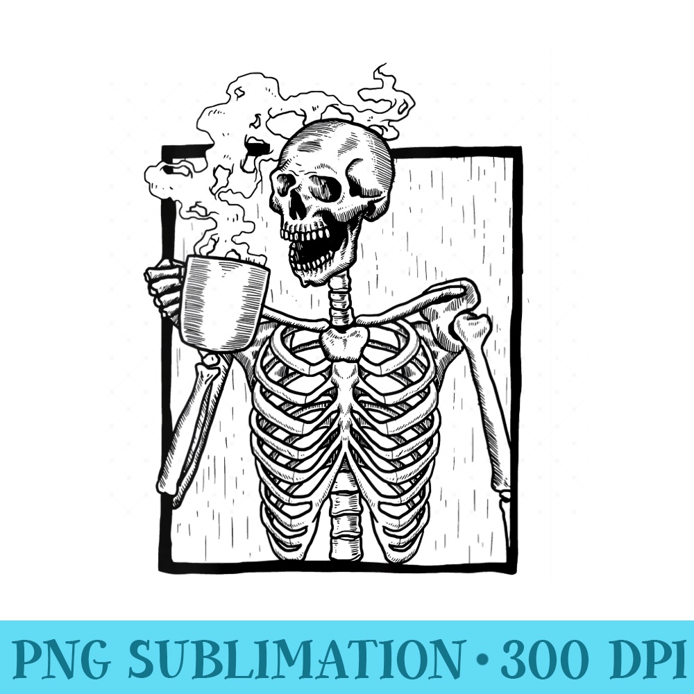 Womens Skeleton Vintage Picture with Smiling Skull drinking Coffee - Download PNG Files - Unleash Your Creativity
