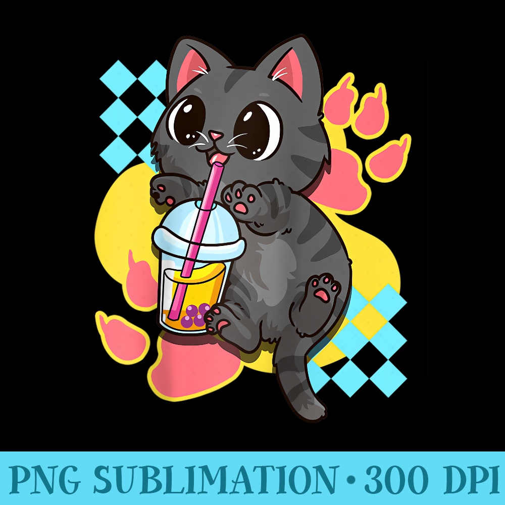 Cute Cat Boba Tea Bubble Tea Japanese Anime Kawaii Neko Raglan Baseball - PNG File Download - Easy-To-Print And User-Friendly Designs