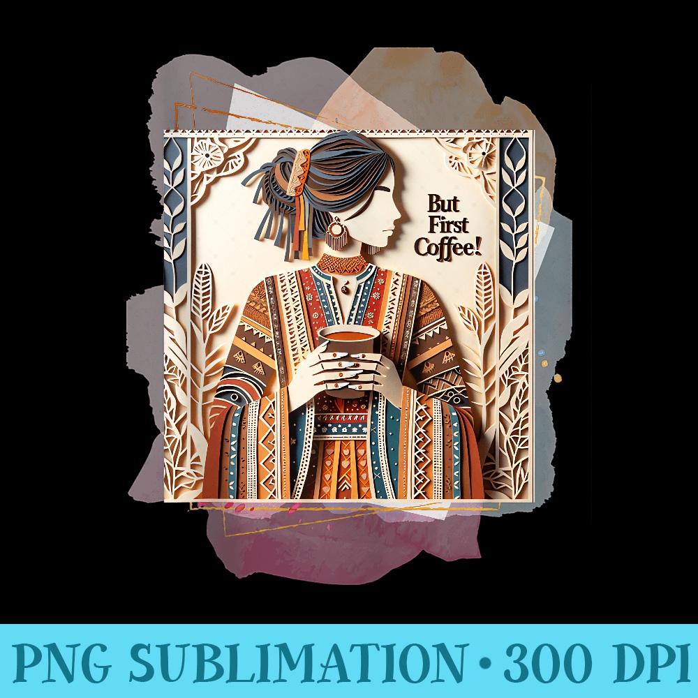 But First Coffee Embroidered laser cut paper holding cup - Printable PNG Graphics - Limited Edition And Exclusive Designs