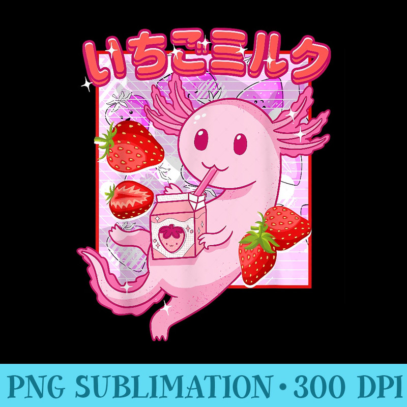 Retro Japanese Style Anime Kawaii Axolotl Strawberry Milk - High resolution PNG download - Create with Confidence