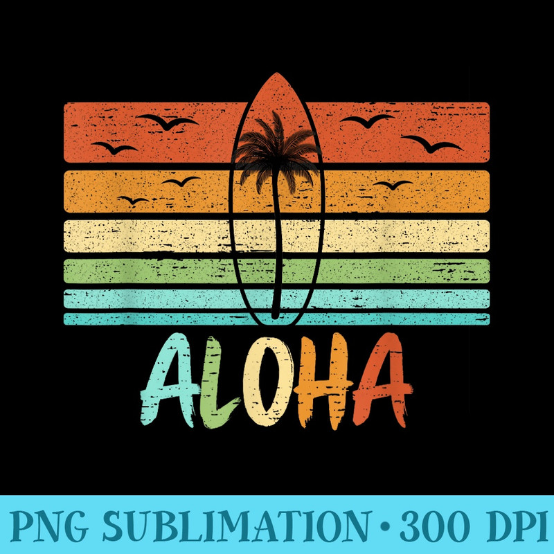 Aloha Hawaii Retro Beach Palm Tree Surfboard Vintage Surfing - Casual Shirt PNG - Vibrant and Eye-Catching Typography
