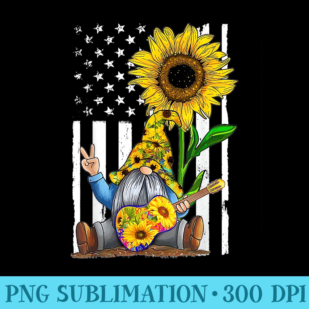 Gnome Playing Guitar Sunflower Hippie Gnomes American Flag - Unique Sublimation PNG Download - Quick And Seamless Download Process