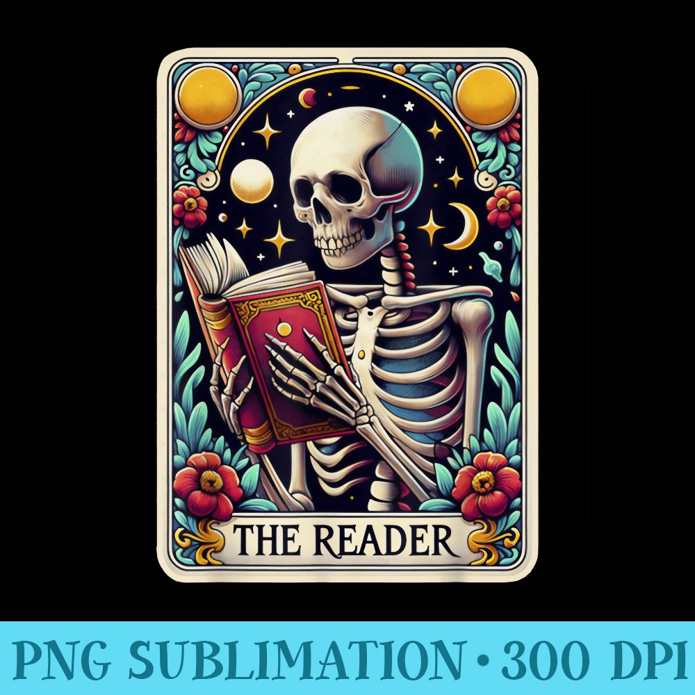 The Reader Retro Reading Skeleton Books Flowers Tarot Card - Shirt Drawing PNG - Perfect for Sublimation Mastery