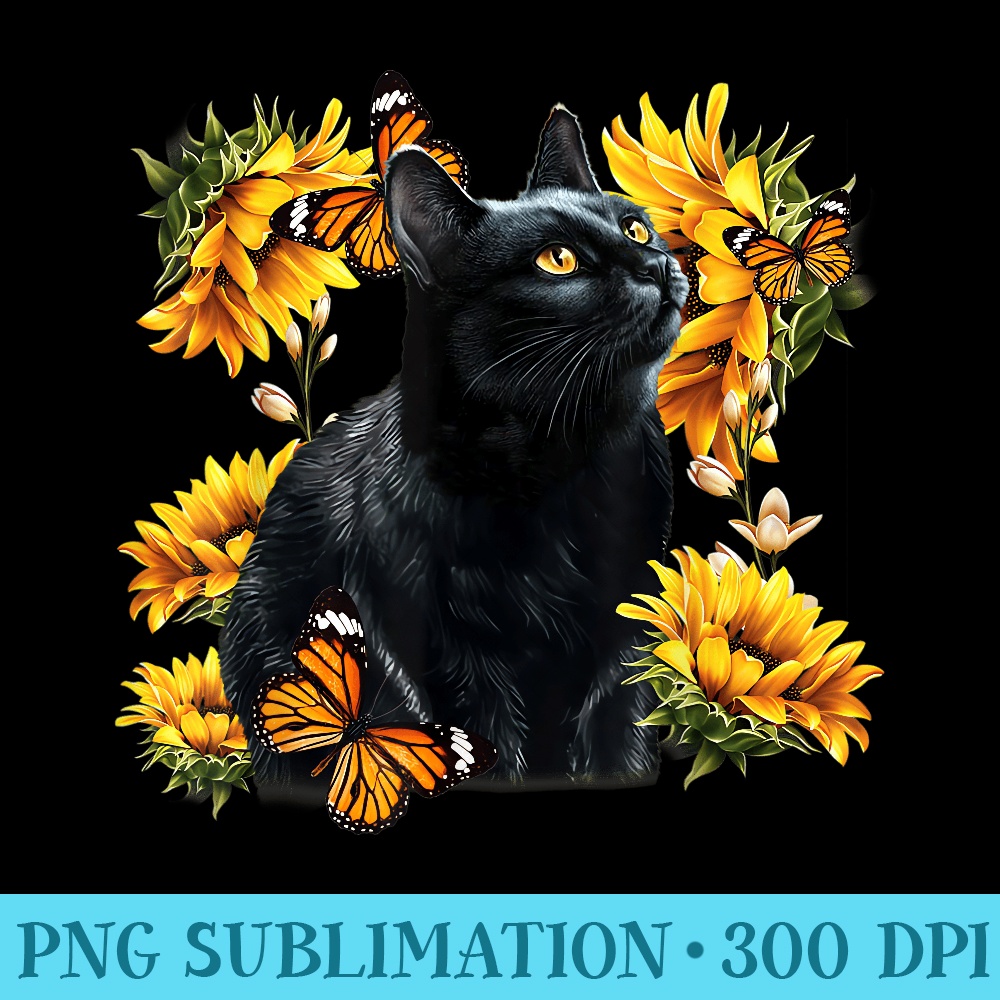 Black Cat Sunflower Cute Butterfly - PNG Clipart Download - Bring Your Designs to Life