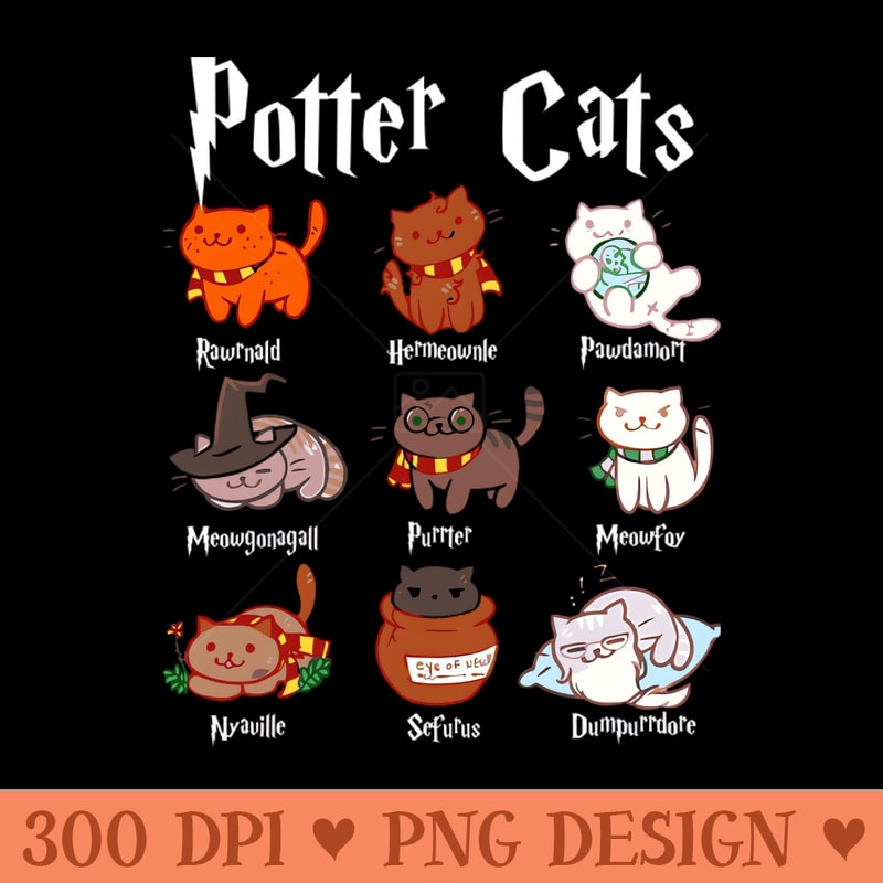 Potter Cats tshirt Funny For Cat Lovers - PNG download with transparent background - Versatile And Customizable Designs