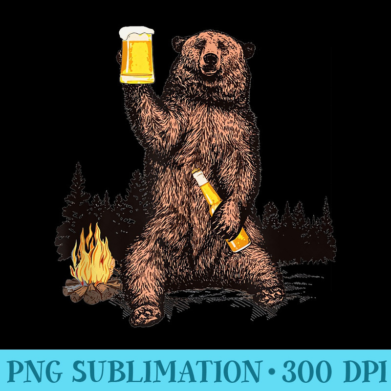 Bear Drinking Beer Camp Fire Woods Outdoor Funny Grizzly - PNG Graphics Download - Perfect for Personalization