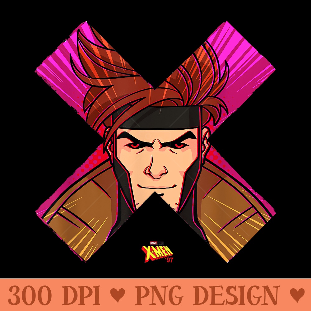 Marvel XMen 97 Gambit Face Closeup Retro X Logo - Digital PNG Artwork - Revolutionize Your Designs