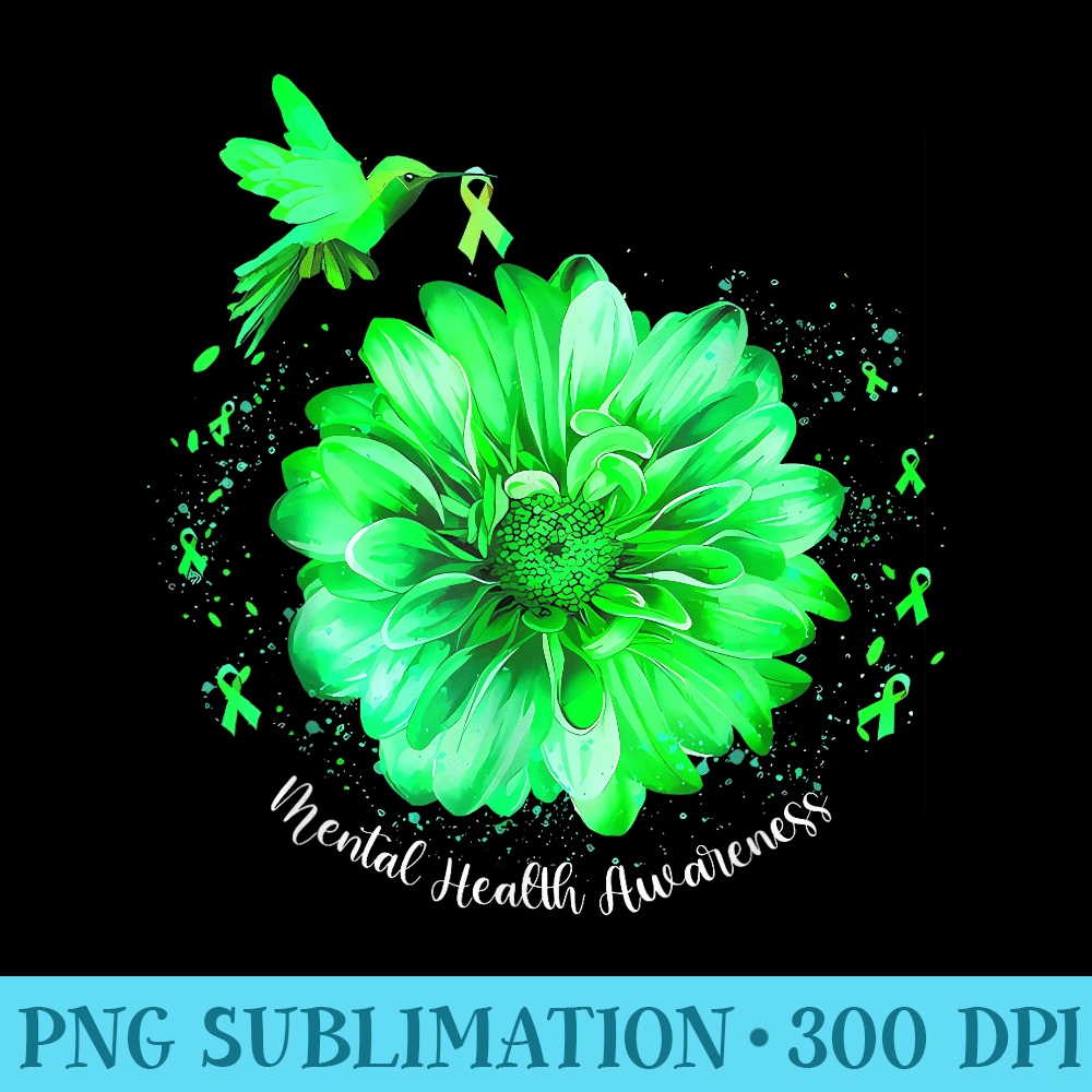 Mental Health Awareness Hummingbird Green Ribbon Sunflower - Free Transparent PNG Download - Unique And Exclusive Designs