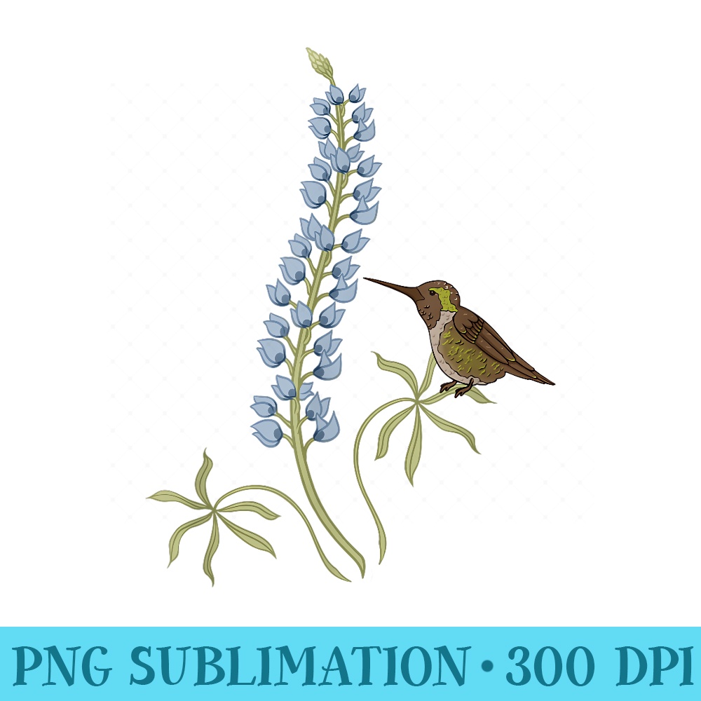 Texas Wildflower Bluebonnet and Hummingbird - Blank Shirt Template PNG - High Resolution And Print-Ready Designs