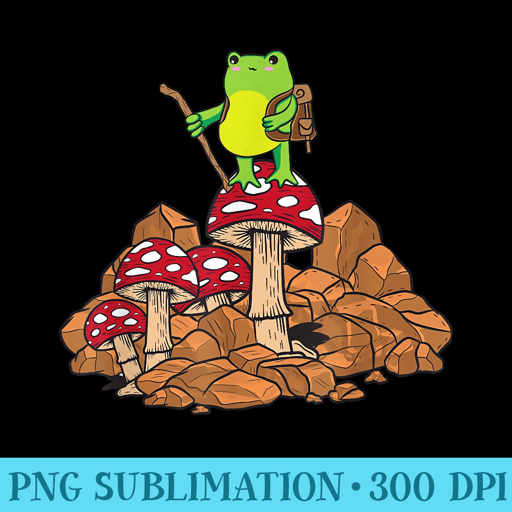 Cottagecore Aesthetic Kawaii Frog Hiker Hiking Mushrooms - PNG Graphics Download - High Resolution And Print-Ready Designs