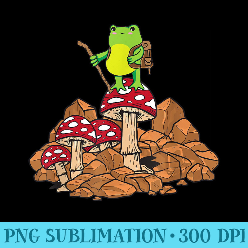 Cottagecore Aesthetic Kawaii Frog Hiker Hiking Mushrooms - PNG Graphics Download - High Resolution And Print-Ready Designs