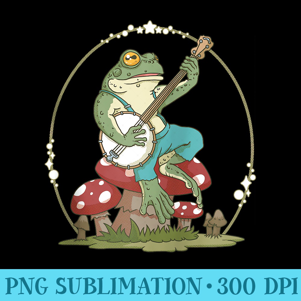 Cottagecore Aesthetic Frog Playing Banjo on Mushroom Cute - Digital PNG Artwork - Unleash Your Creativity