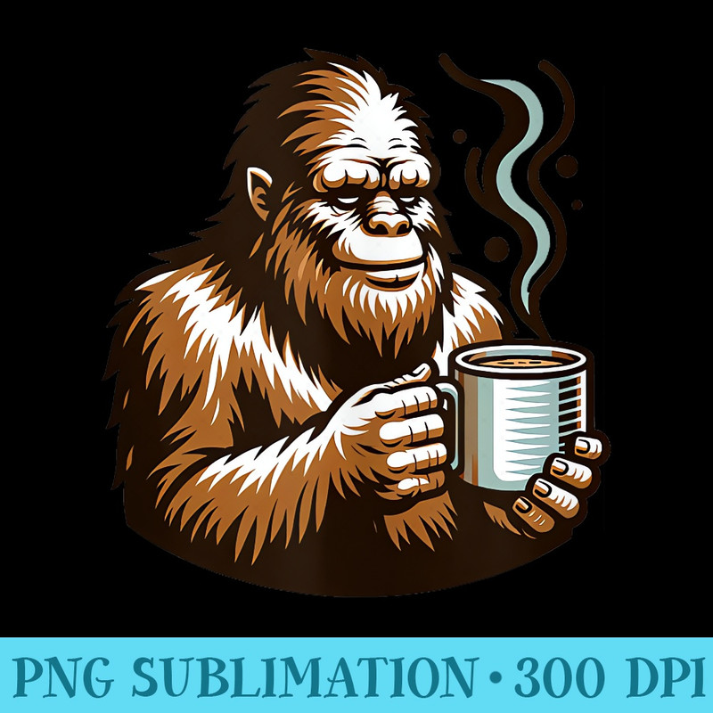 Bigfoot Drinking Coffee Tea Sasquatch Lover - High Resolution PNG Download - Enhance Your Apparel with Stunning Detail