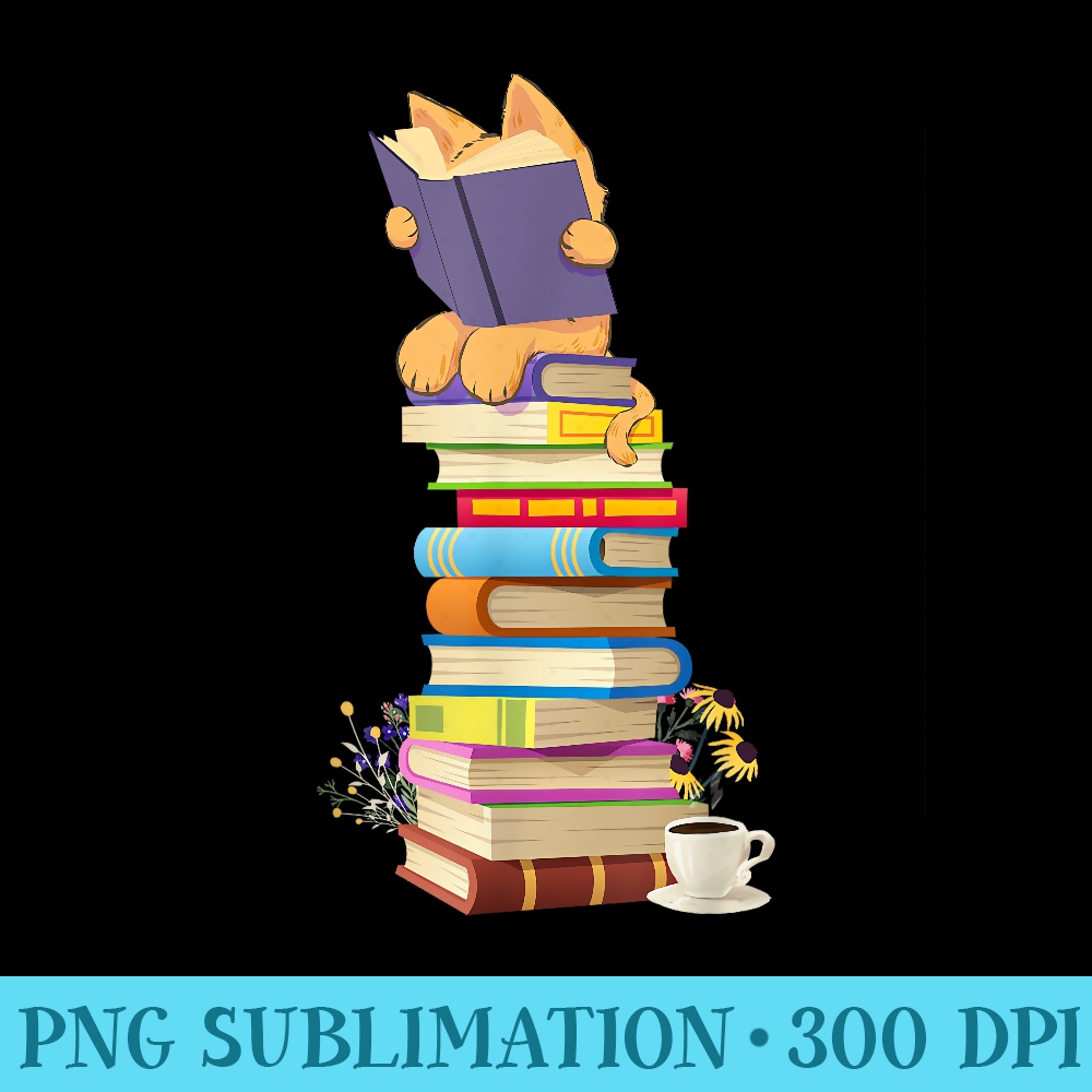 cute cat mom books library floral coffee teacher womens - PNG Download Transparent Background - Instant Access To Downloadable Files