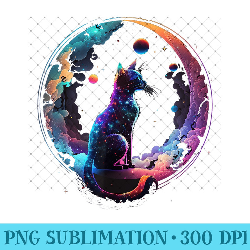 Cosmic Cat Cool Colorful Crescent Moon and Clouds Kitten - Unique Sublimation patterns - Stunning Sublimation Graphics