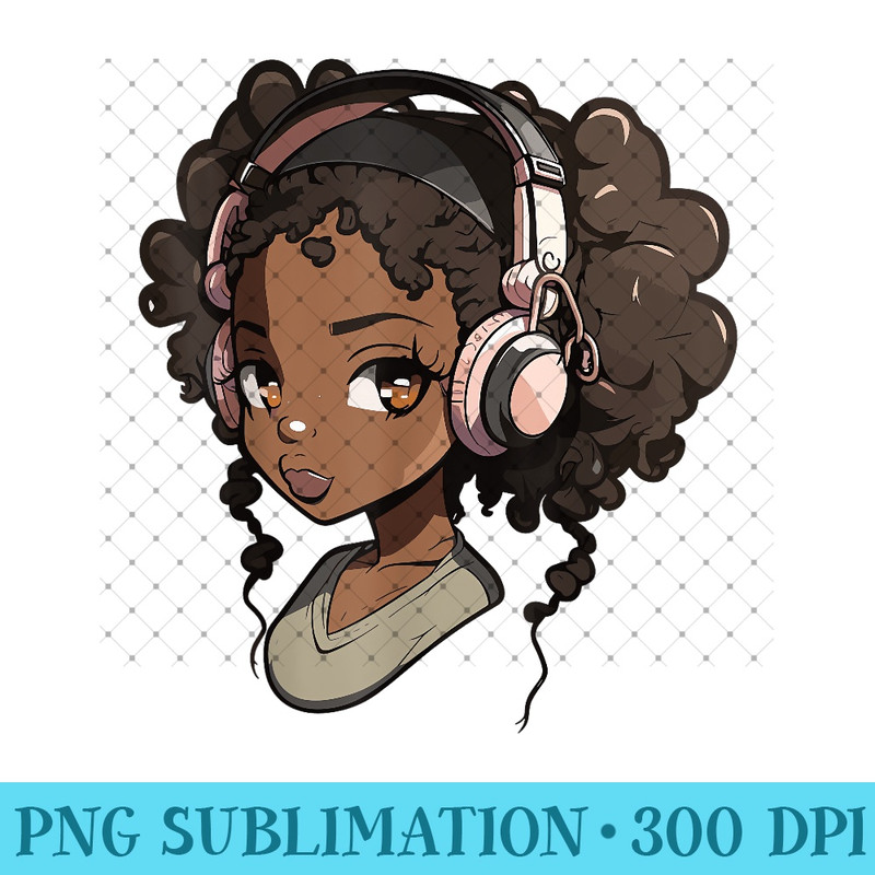 Anime and Music Black Girl Anime Merch Afro African American - Digital PNG Downloads - Instantly Transform Your Sublimation Projects