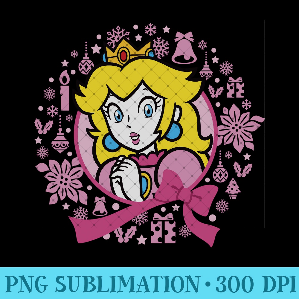 Super Mario Christmas Princess Peach Pink Wreath - PNG Graphics - Instantly Transform Your Sublimation Projects