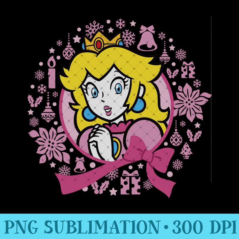 Super Mario Christmas Princess Peach Pink Wreath - PNG Graphics - Instantly Transform Your Sublimation Projects
