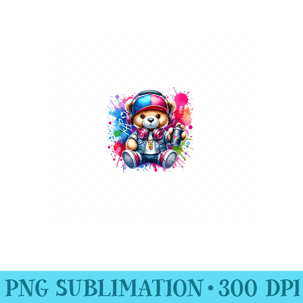 Vibrant Hip-Hop Teddy Bear Watercolor Splash Art Graffiti - Printable PNG Images - Versatile And Customizable Designs