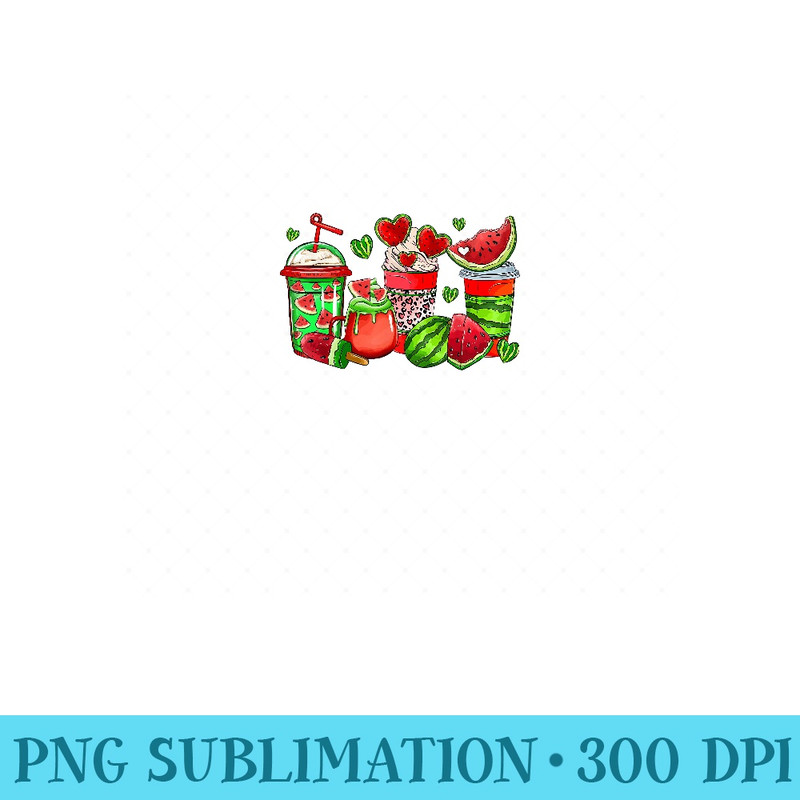 Cute Cups Of Iced Coffee Watermelon Tropical Summer Vacation - Sublimation PNG Designs - Perfect for Creative Projects
