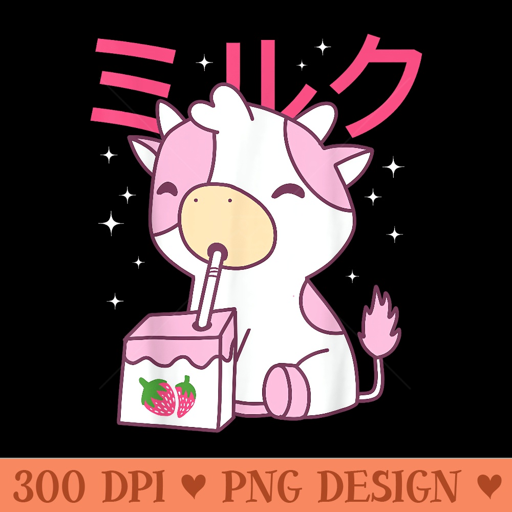 Strawberry Milk Drinking Cute Kawaii Cow - Printable PNG Images - Lifetime Access To Purchased Files