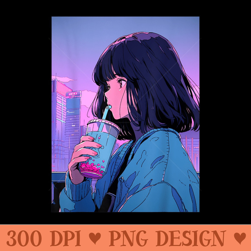 Kawaii Anime Girl Drinking Boba Japanese Aesthetic - Mug Sublimation PNG - Perfect for Personalization