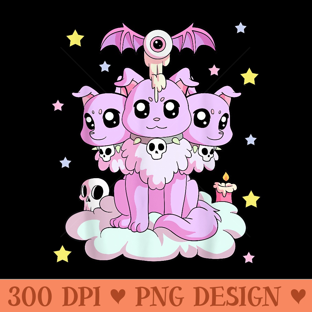 Kawaii Pastel Goth 3 Headed Dog and Skull Cute Creepy Dog - PNG Prints - Revolutionize Your Designs