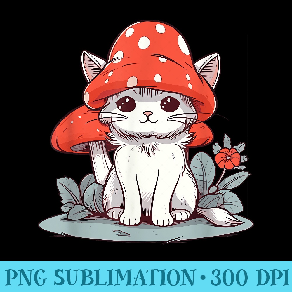 Kawaii Cute Cottagecore Cat with Mushroom Hat - Sublimation PNG Designs - Eco Friendly And Sustainable Digital Products