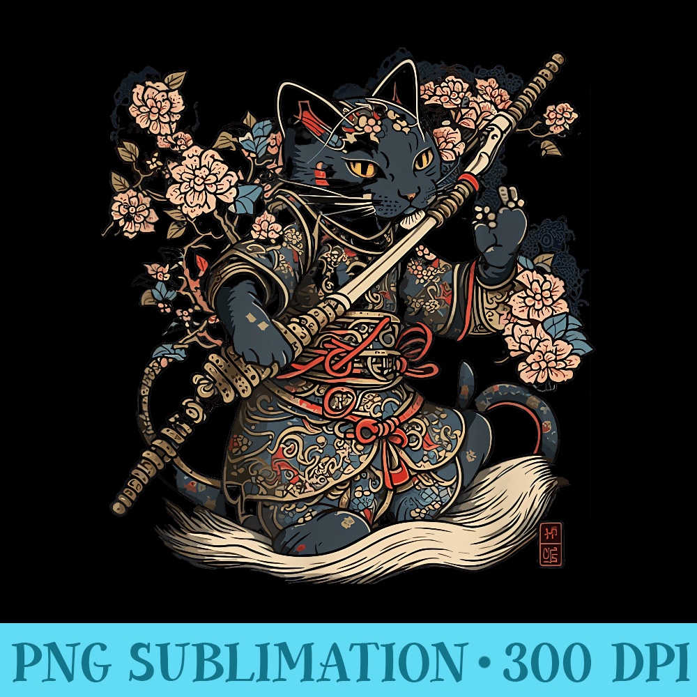 Japanese Samurai Cat Tattoo, Vintage Kawaii Ninja - Blank Shirt Template PNG - Lifetime Access To Purchased Files