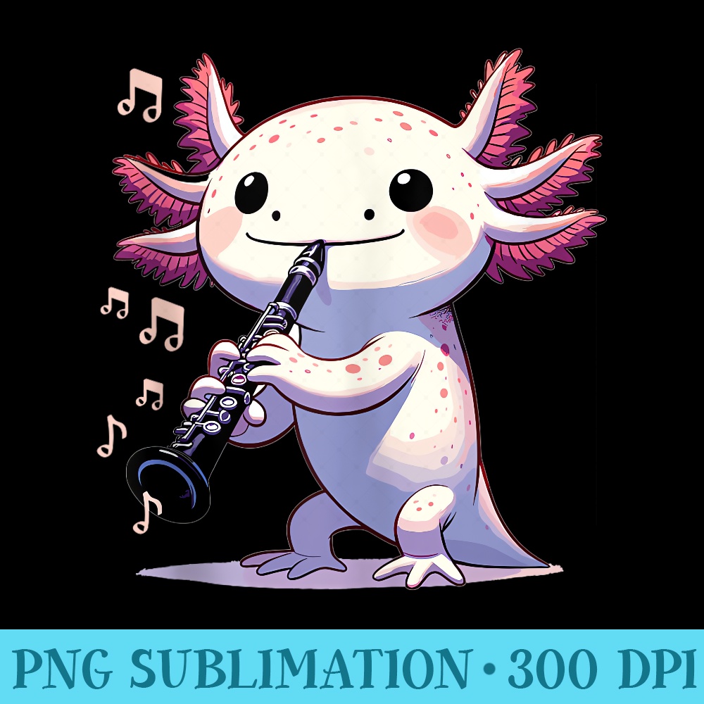 Cute Pink Kawaii Axolotl Playing Clarinet - PNG Download Icon - Instant Access To Downloadable Files