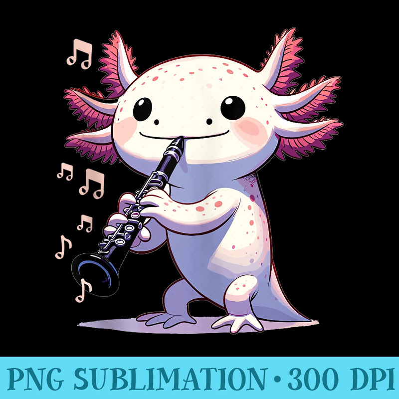 Cute Pink Kawaii Axolotl Playing Clarinet - PNG Download Icon - Instant Access To Downloadable Files